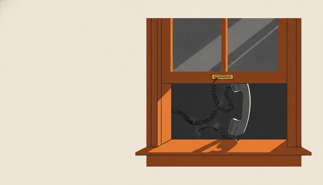 A black telephone handset props open a wooden window frame with tangled cords trailing inside beside a brass lock.