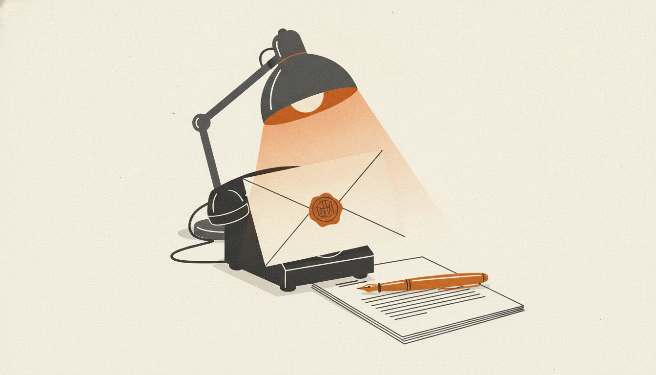 A sealed envelope with a red wax stamp rests heavily across an office telephone handset, keeping it quiet.