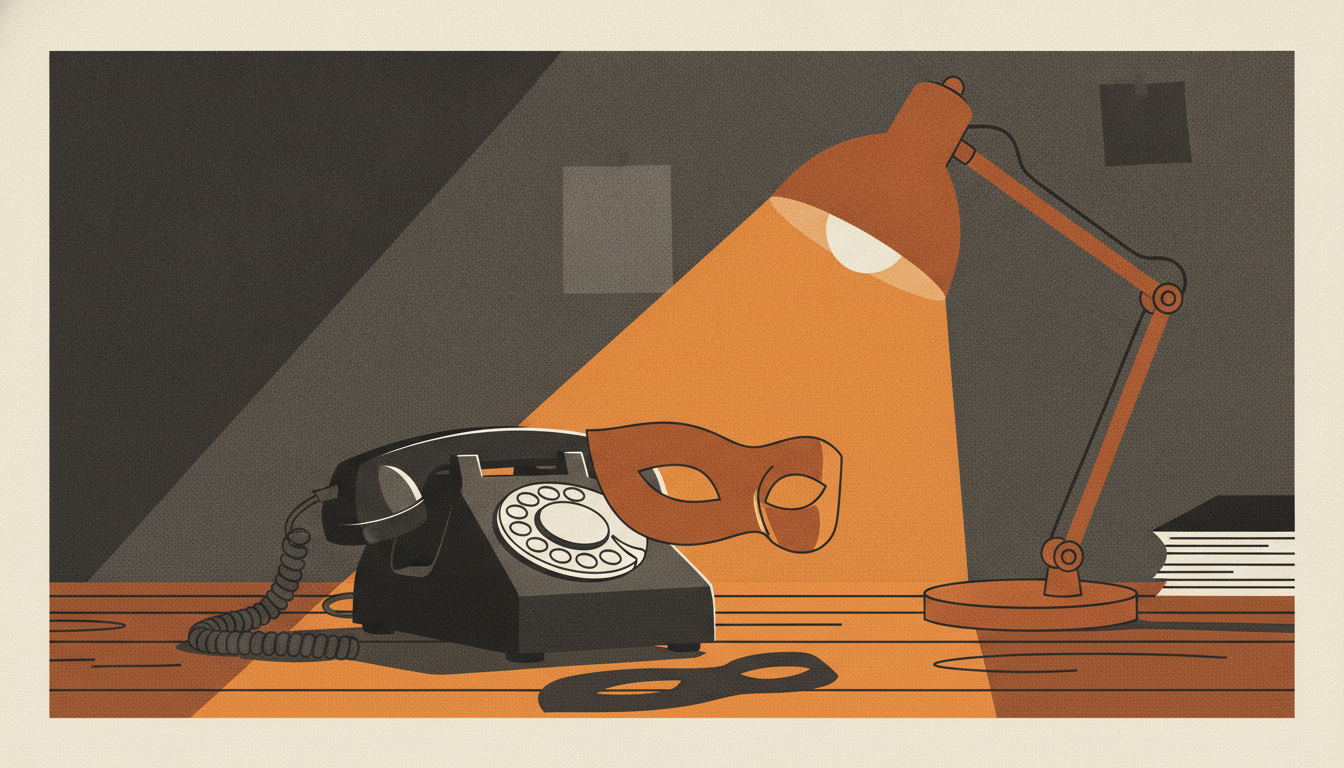 A vintage desk phone with its receiver off the hook, draped in a plain masquerade mask on a wooden surface.