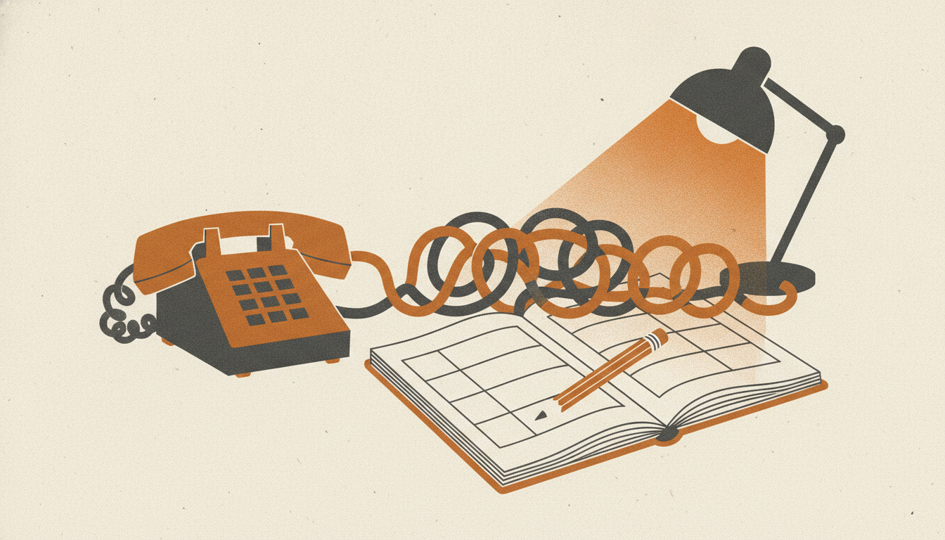 An office phone off the hook beside an open gridded notebook with five tangled cords on a wooden desk.