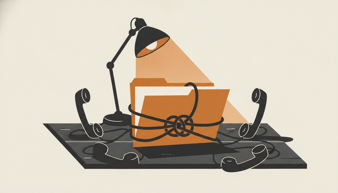 An open manila file folder surrounded by three tangled telephone handsets off the hook on a wooden desk.