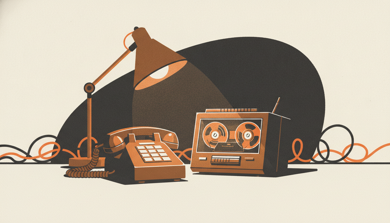 A desk phone resting silently in its cradle beside a cassette answering machine with reels slowly turning.