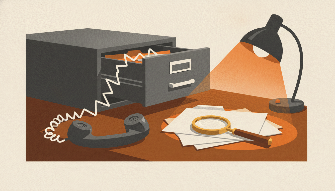 A stretched telephone cord leads from a receiver into an open metal file drawer under a focused desk lamp.