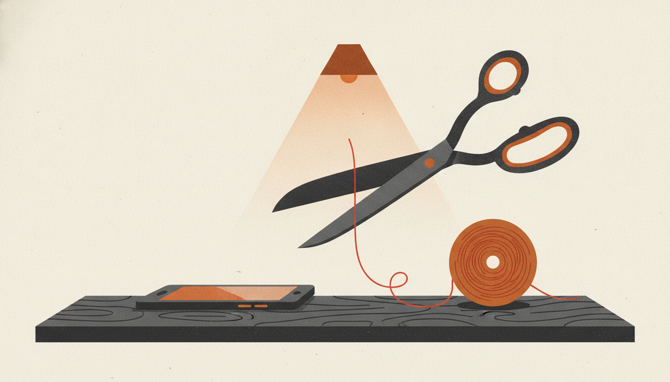 Heavy iron shears snip a taut red string running from a smartphone on a dark wooden desk.