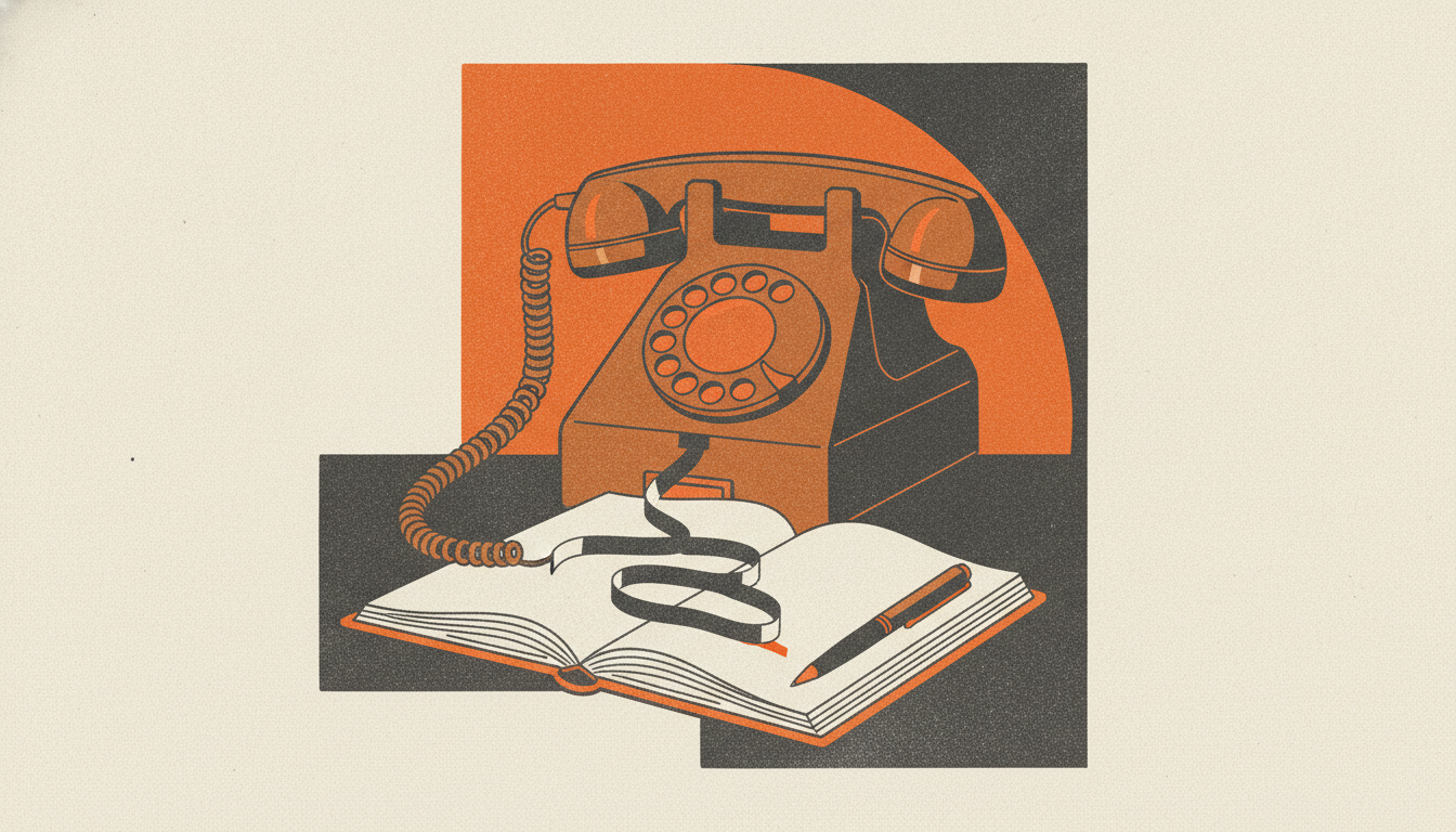 A silent office telephone sits on its cradle as dark cassette tape unfurls from beneath the handset across an open ledger.