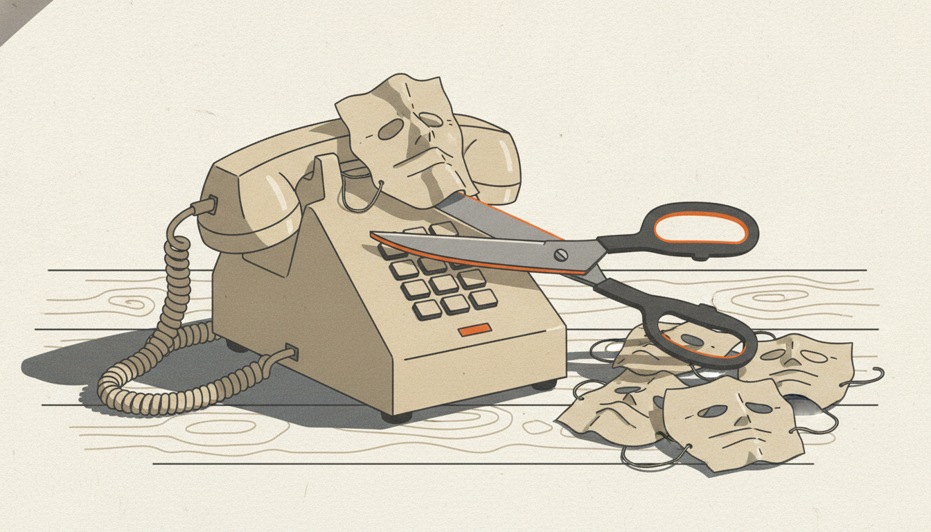 A desk telephone wearing a paper mask sits beside a pile of identical masks and shears resting across the cord.
