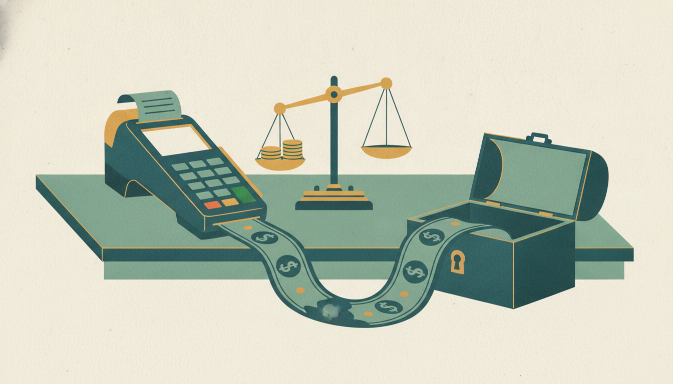Banknotes flow from a tabletop payment terminal directly into an open cast-iron lockbox on a wooden counter.