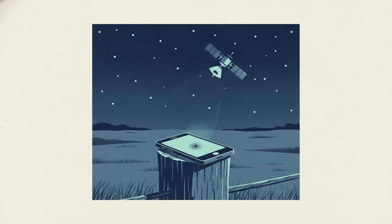 A smartphone rests on a rural fence post beneath a starry night sky, reflecting a distant satellite overhead.