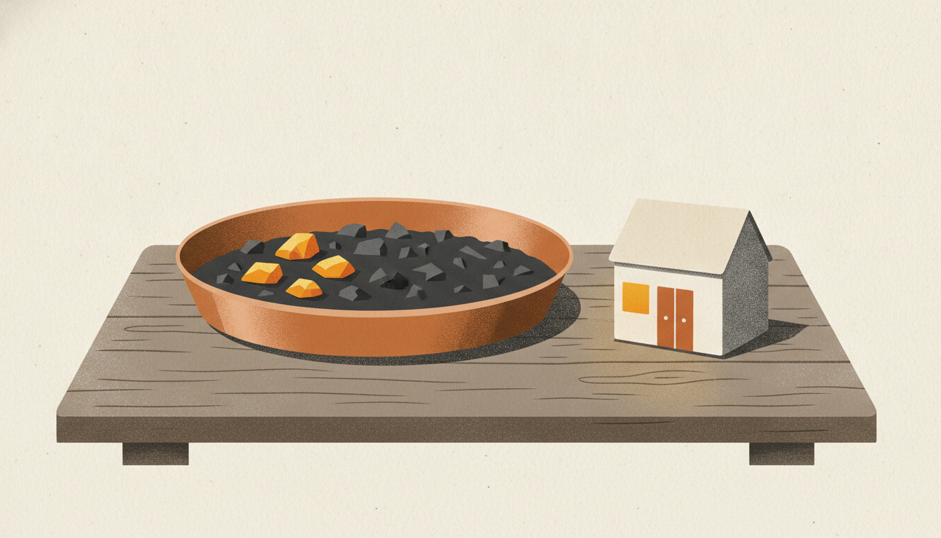 A copper sifting pan on a wooden table holds three gold nuggets next to a miniature ceramic storefront.