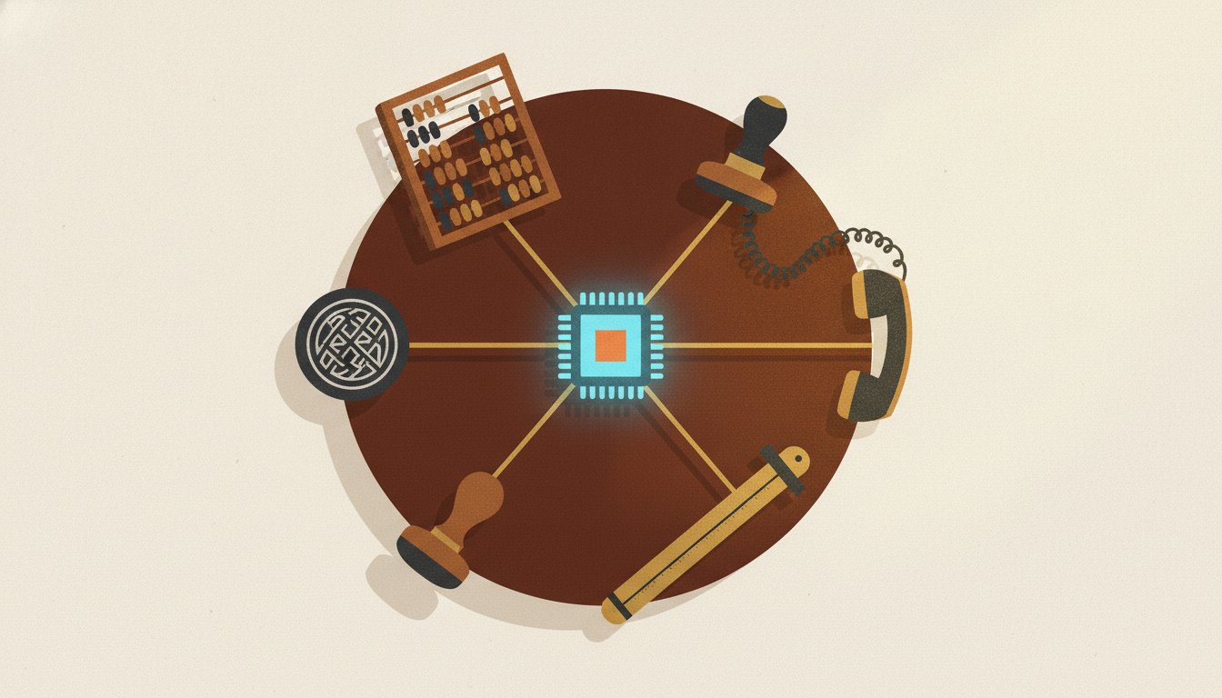 A wooden abacus, landline phone, and brass slide rule connected by metal rods to a glowing central microchip.