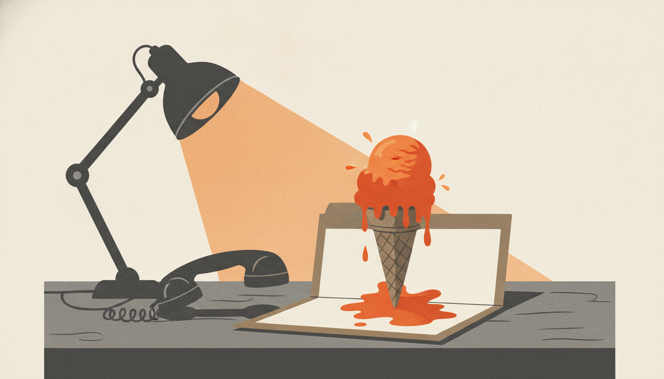An ice cream cone melts across paper folders next to an off-the-hook telephone under a harsh desk lamp.