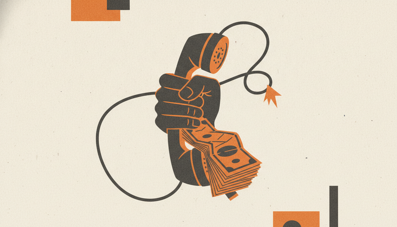 A black telephone receiver sits off the hook beside an open financial statement and a slice of pepperoni pizza.