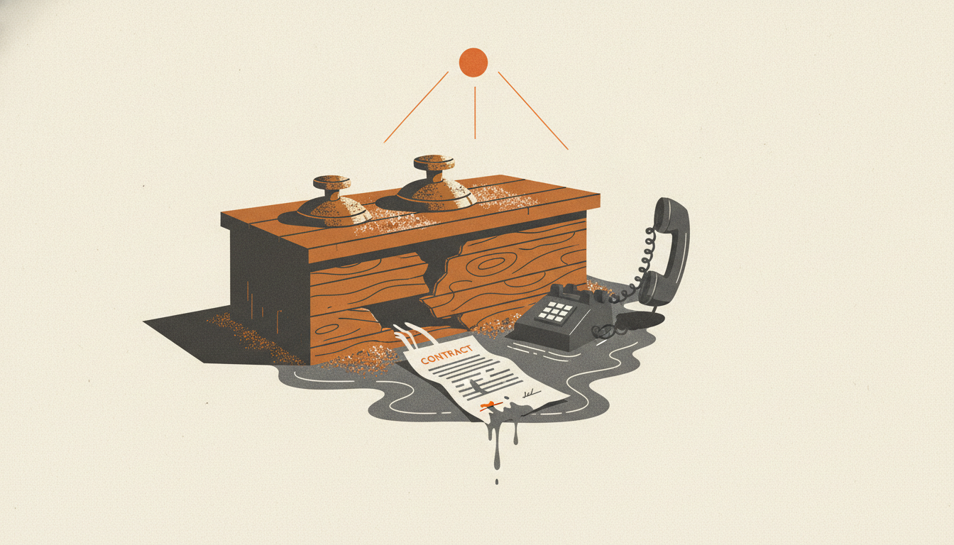 A waterlogged contract and an off-the-hook desk phone sit on a flooded counter under a dim overhead light.