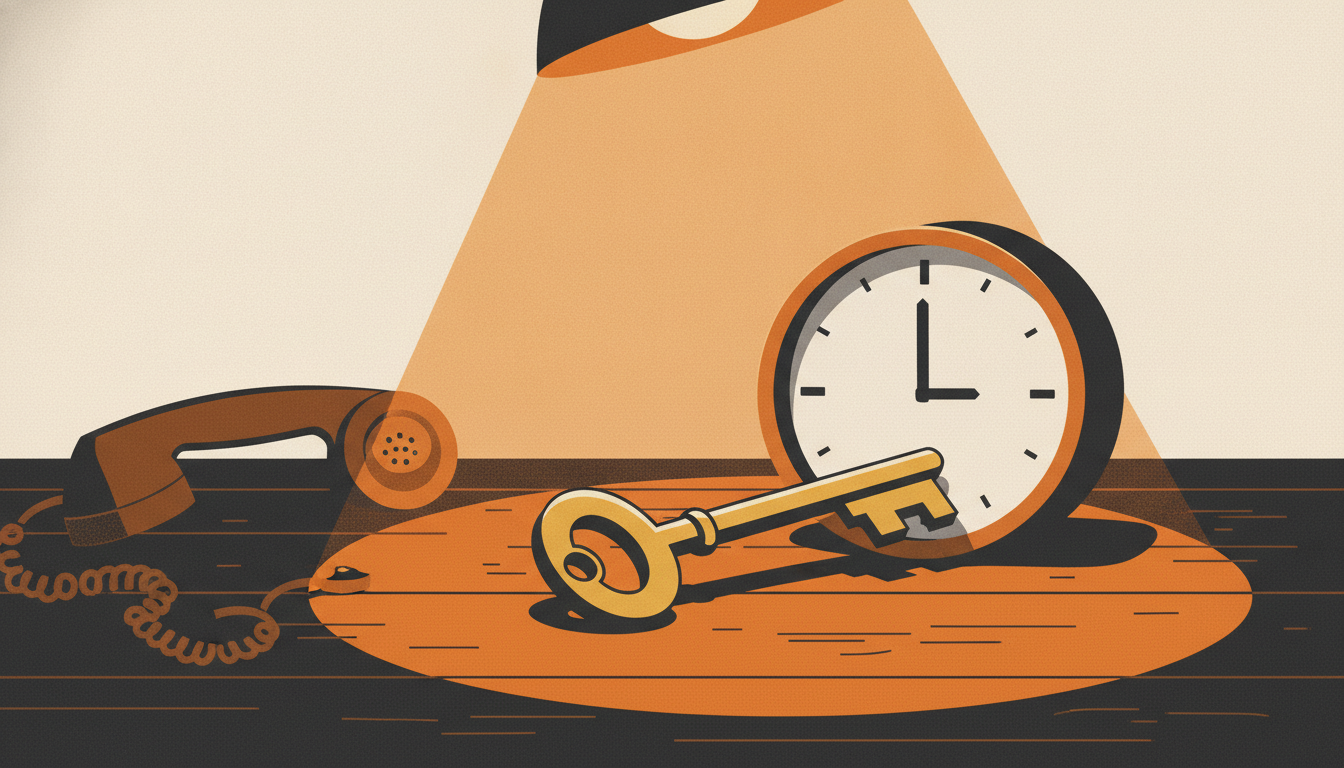 A smooth brass key and a telephone off the hook lie on a wooden desk beside a clock pointing to midnight.
