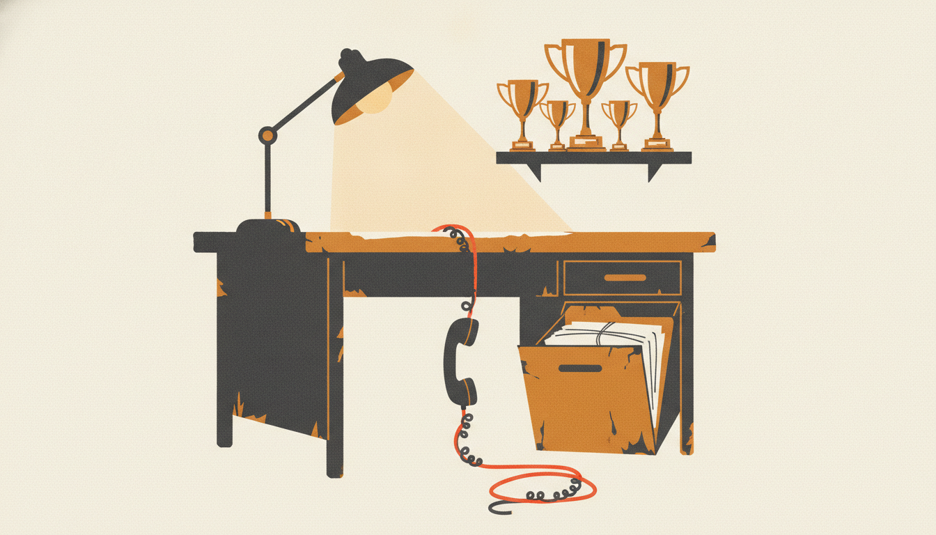 A thick manila folder tied with twine rests in a low desk drawer beside a dangling telephone receiver.
