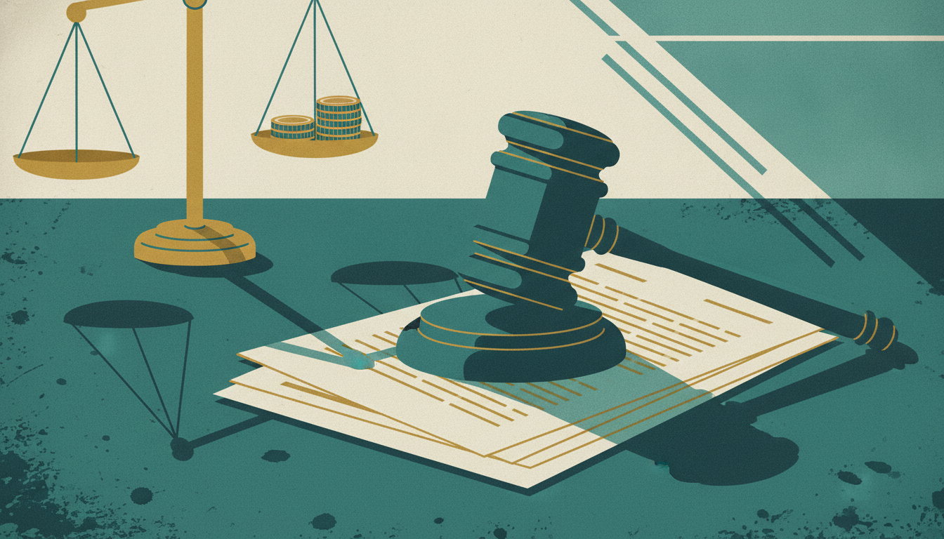A heavy wooden gavel rests on a thick stack of loan contracts on a desk, beside a brass scale tipped by coins.