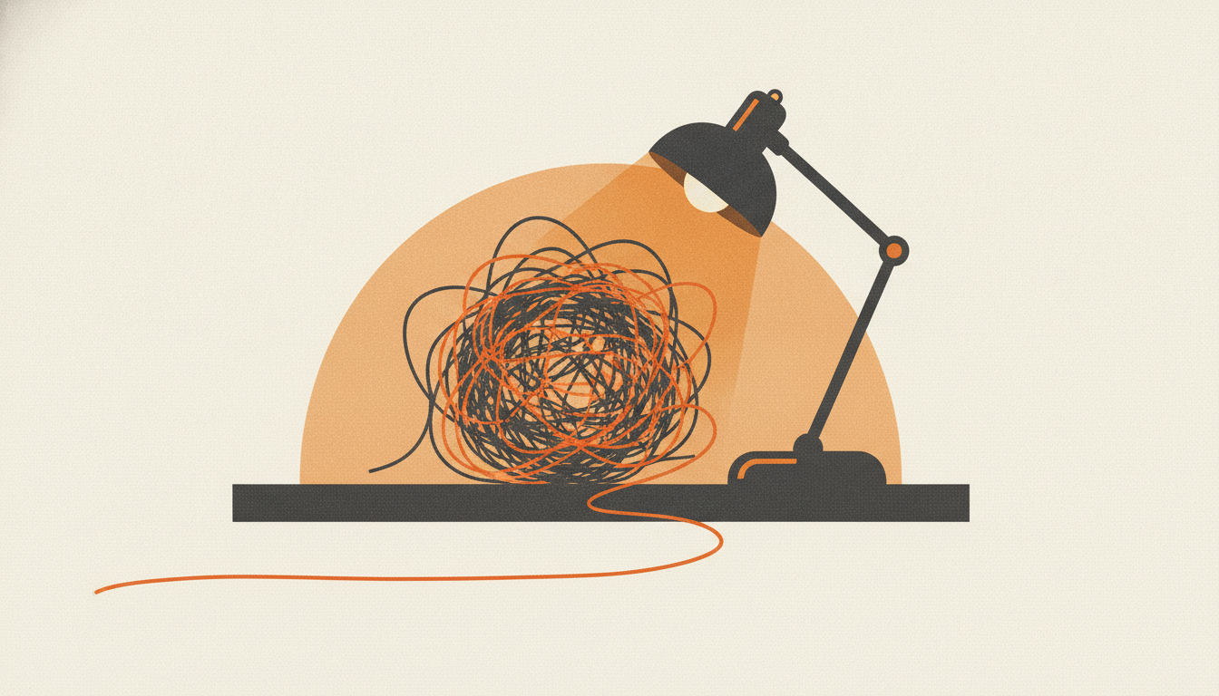 A single strand of twine is pulled straight from a tangled ball of rope on a wooden desk under a lamp.