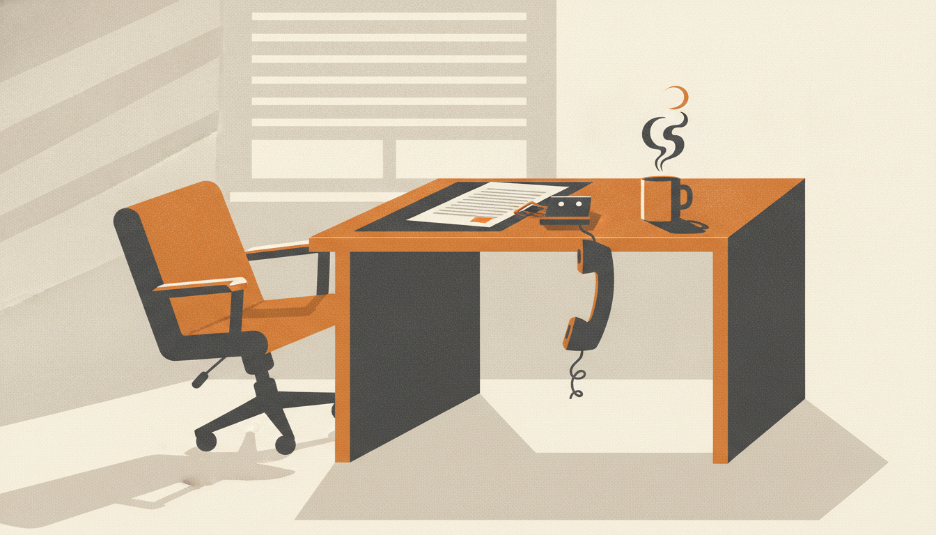 A steaming coffee cup sits beside a clamped document folder on a desk where a phone receiver dangles off the hook.