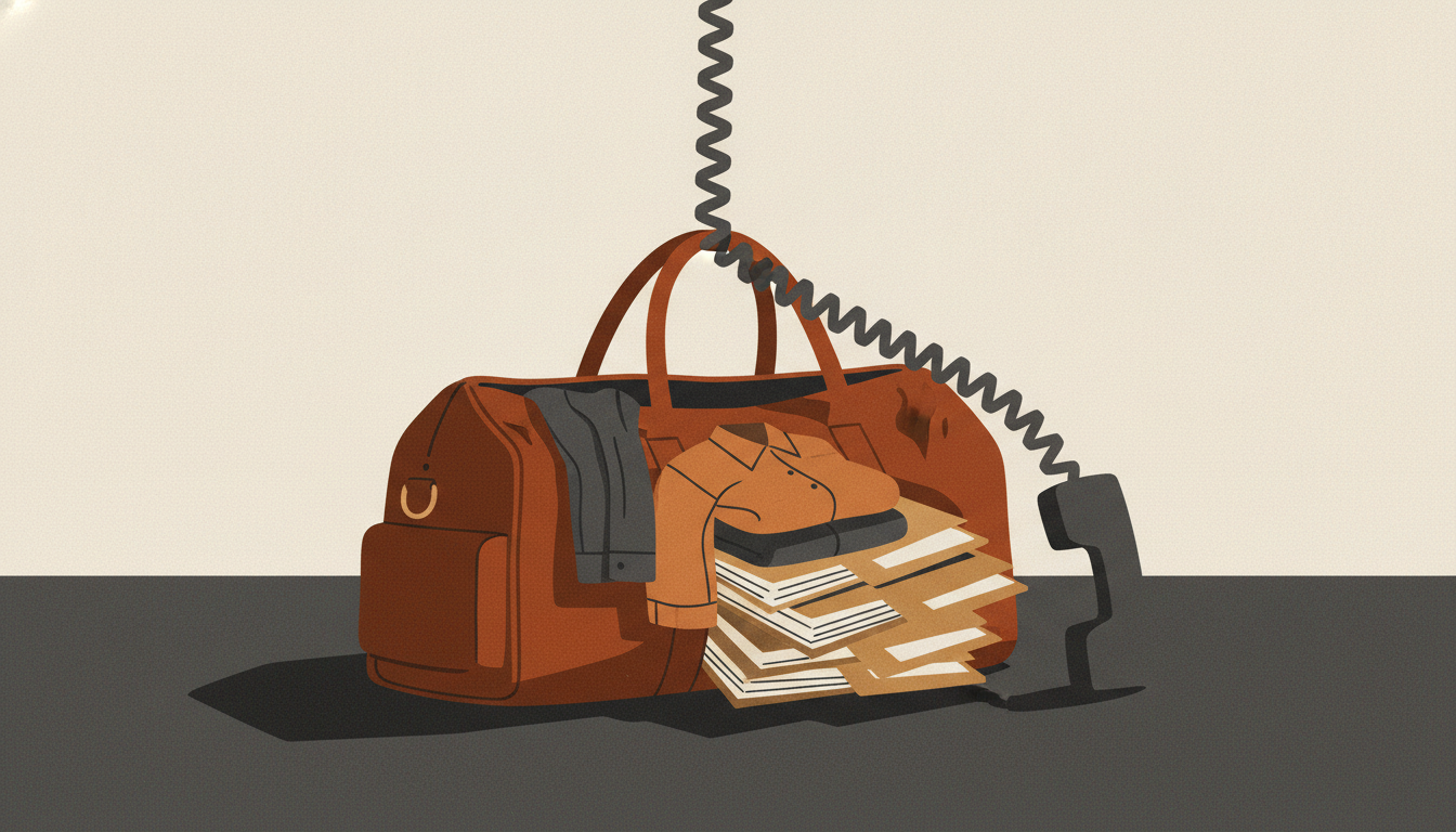 A packed leather duffel bag on an office floor is weighed down by manila files and a taut desk phone cord.