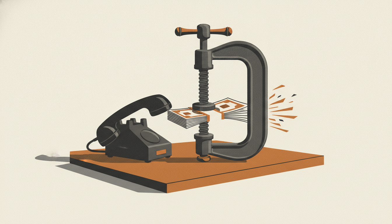 A heavy cast-iron clamp crushes a bundle of paper money on a dark desk next to a telephone off the hook.