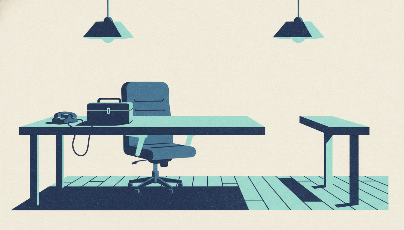 A long wooden office desk with one-third cleanly sawed off, holding a brass cash box and an unplugged headset.