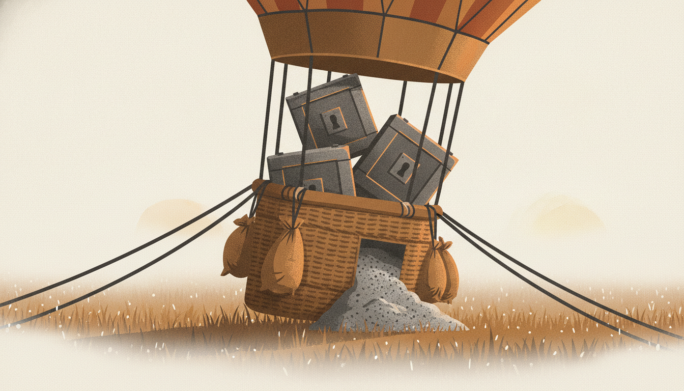 A hot-air balloon basket rests heavily on the ground, tilted sideways and overloaded with locked metal lockboxes.