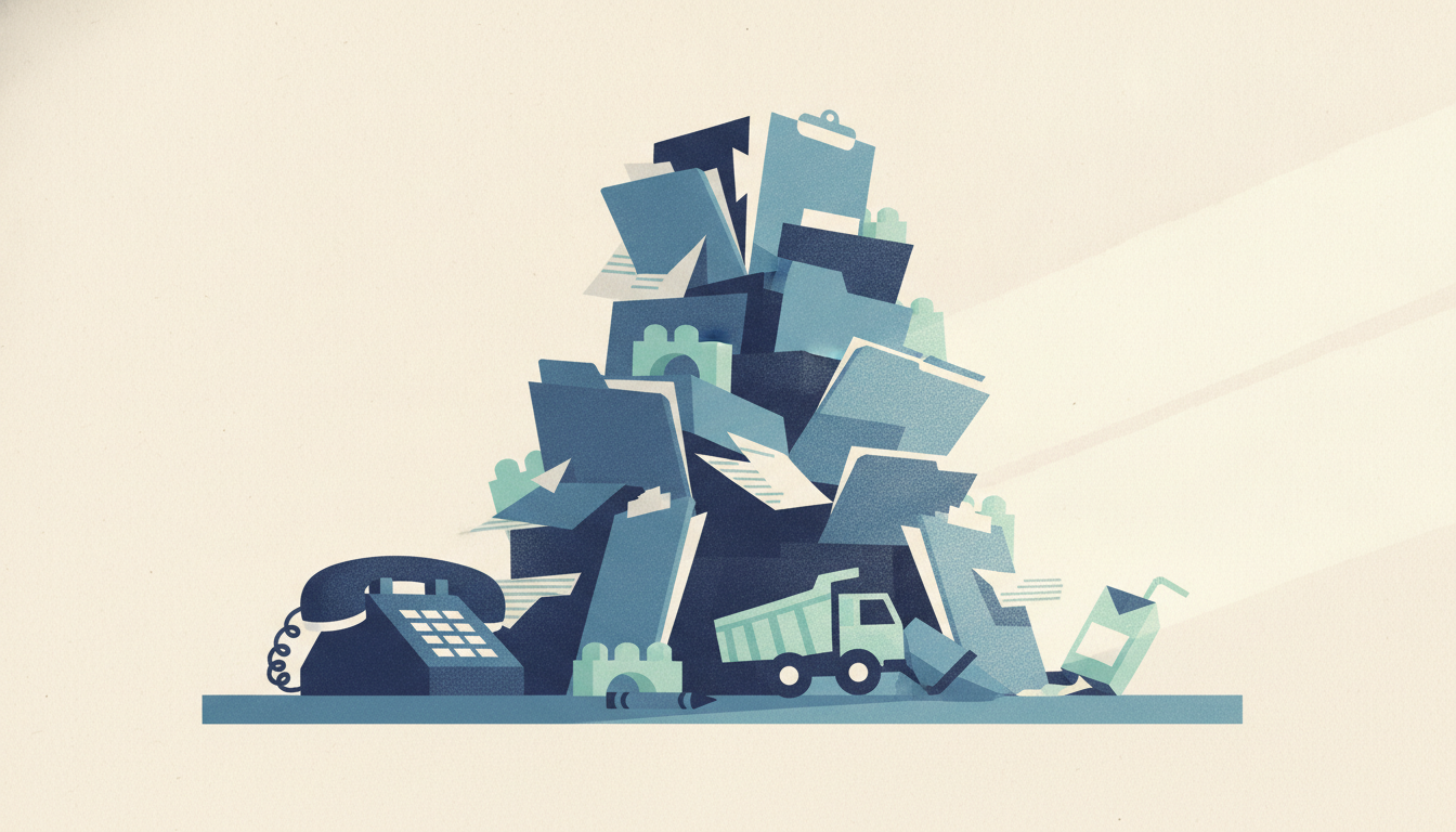 Insurance folders and an off-the-hook phone sit tangled among colorful children's building blocks and a toy truck.