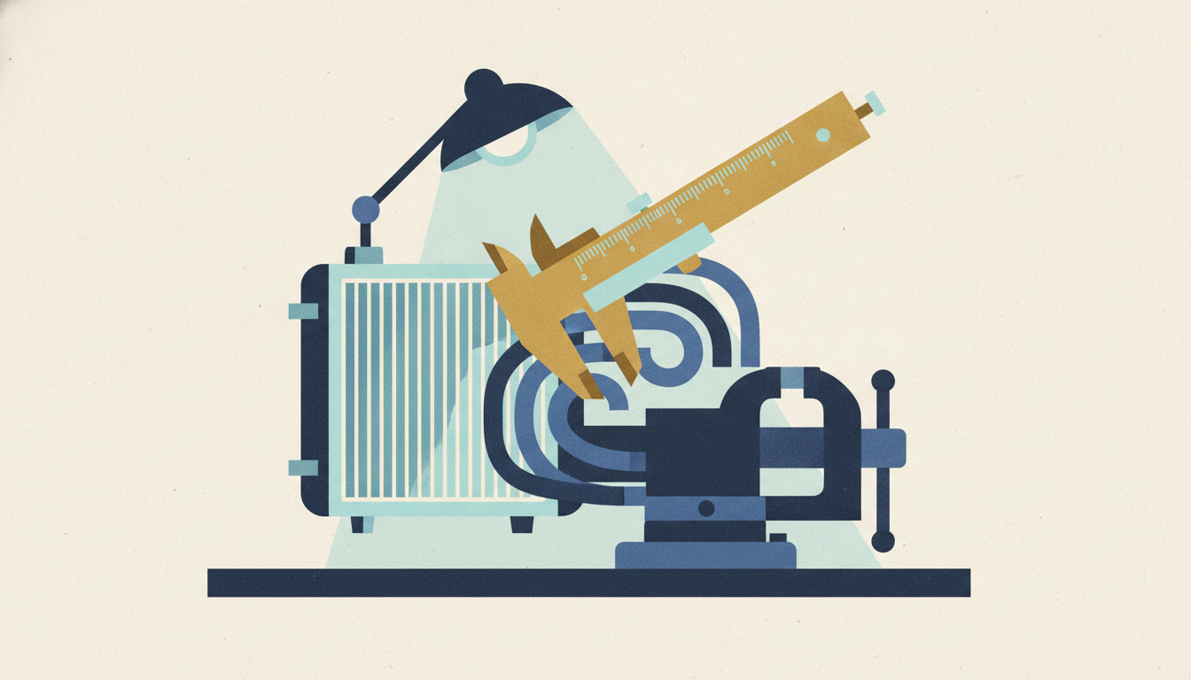 A brass caliper measures the seam between a copper coil and an aluminum radiator clamped together in a heavy bench vise.