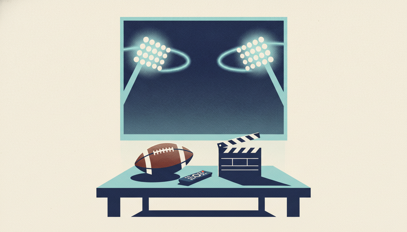 A football, television remote, and film slate rest on a dark coffee table lit by the glow of a screen and stadium lights.