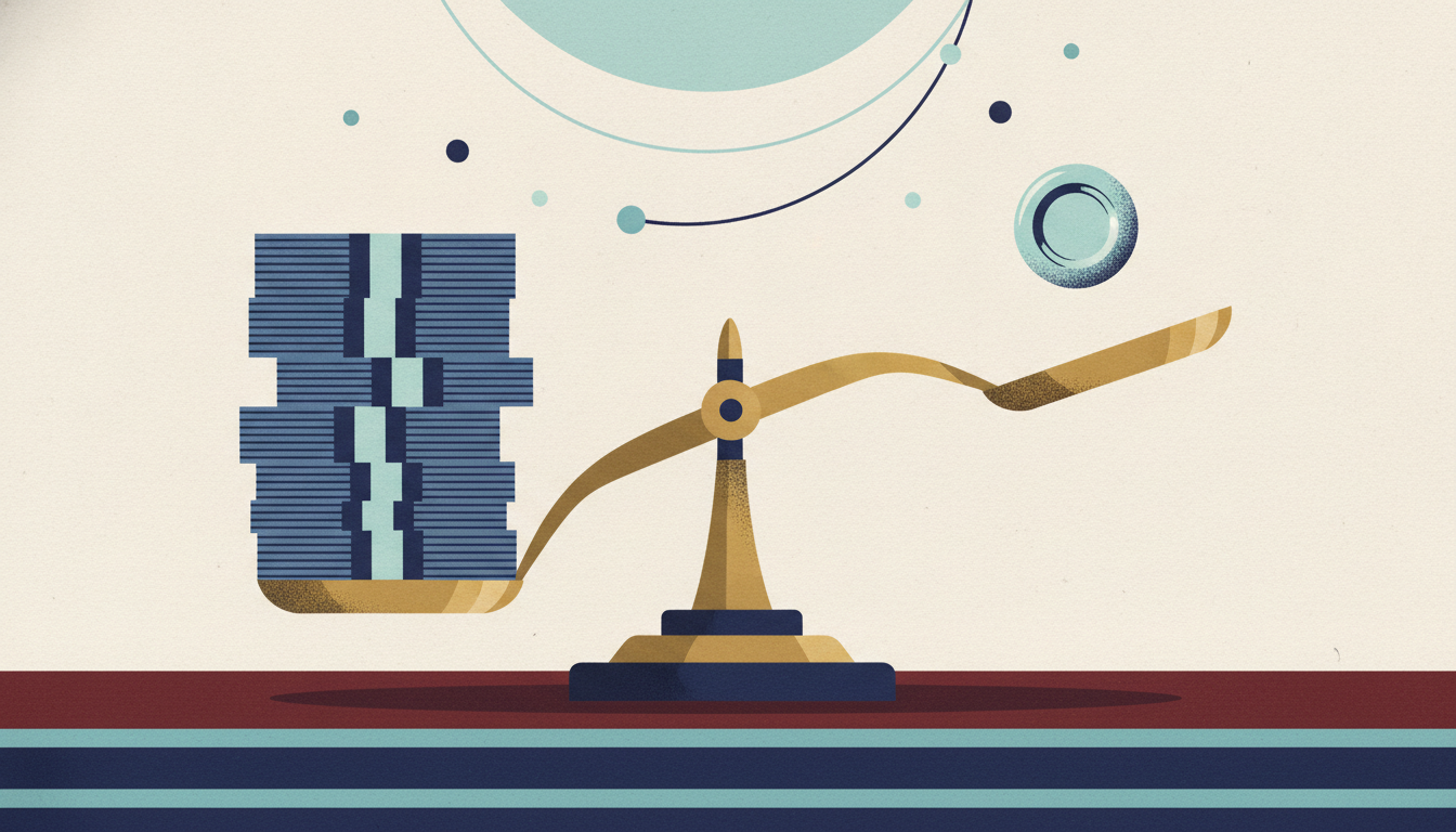 A brass balance scale with a tall stack of currency heavily outweighing a single small metal weight.