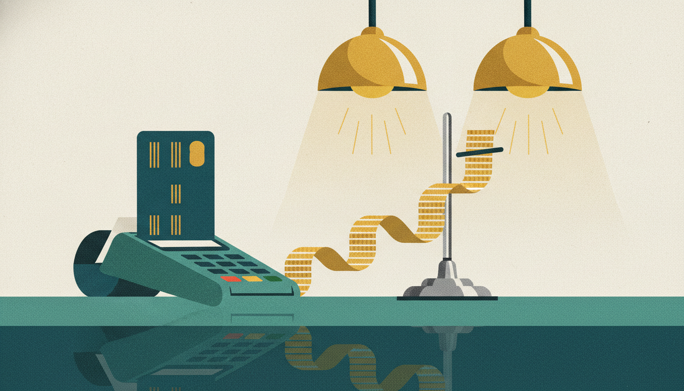 A ribbon of brass coins curls like a receipt from a card reader onto a chef's ticket spindle on a counter.