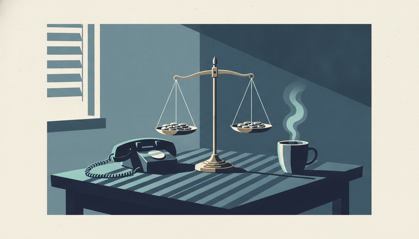 A telephone receiver rests off its hook beside a small brass balance scale on a dark wooden desk in dawn light.