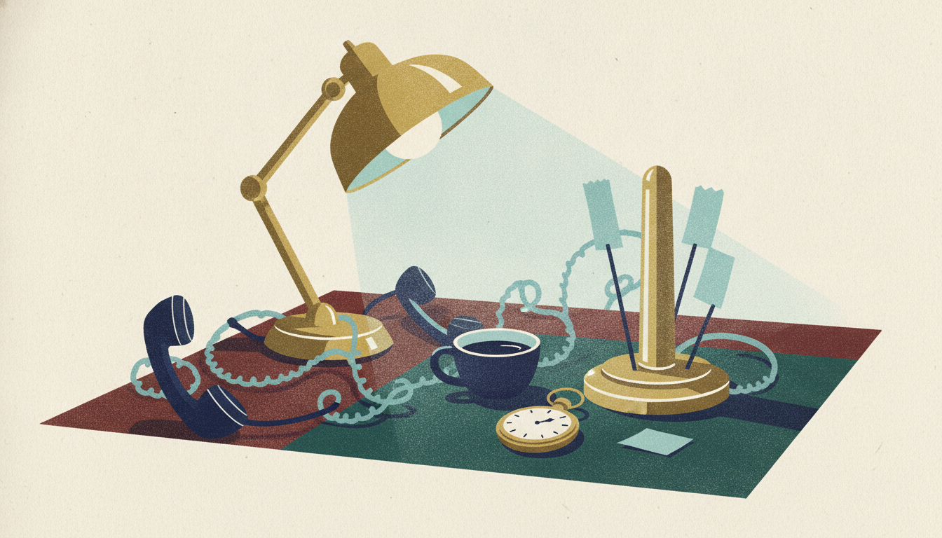 Three telephone receivers lie off their cradles beside a paper spindle and a pocket watch on a dimly lit desk.