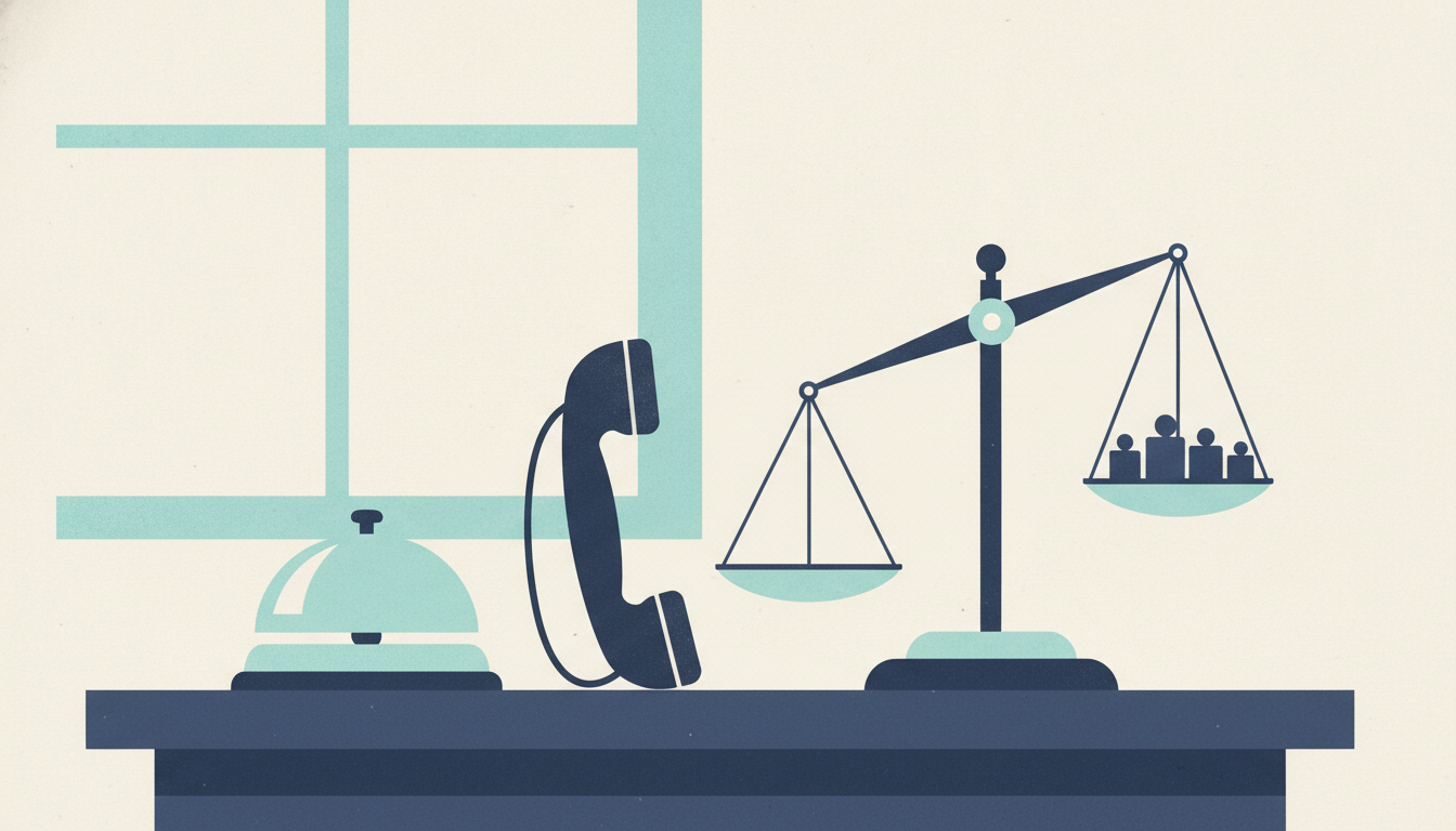 A brass counter bell and an antique balance scale sit beside a telephone handset on a wooden desk in pre-dawn light.