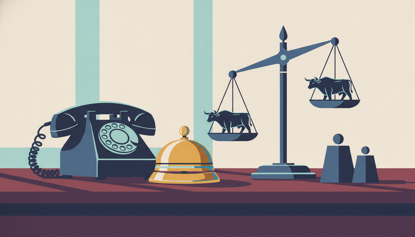 A brass bell and off-the-hook telephone rest on a dark wood desk beside a balance scale weighing miniature metal bulls.