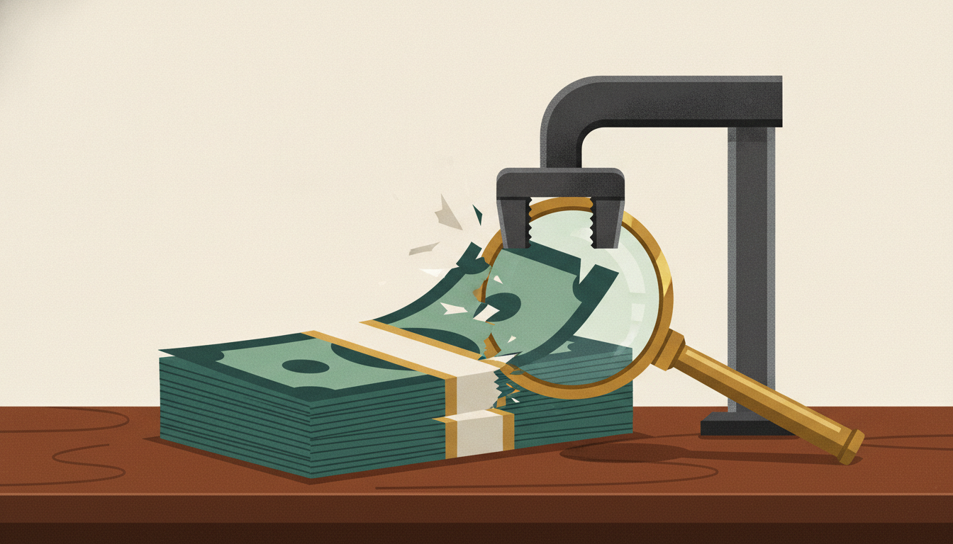 A stack of cash clamped tightly in a heavy metal vise, shedding torn paper fragments onto a dark desk.