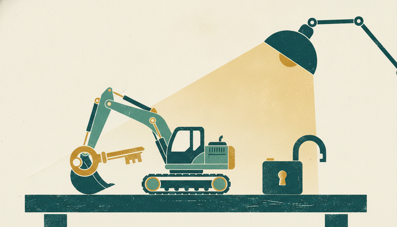 A miniature industrial excavator scoop holds a brass key next to an open padlock on a wooden work surface.