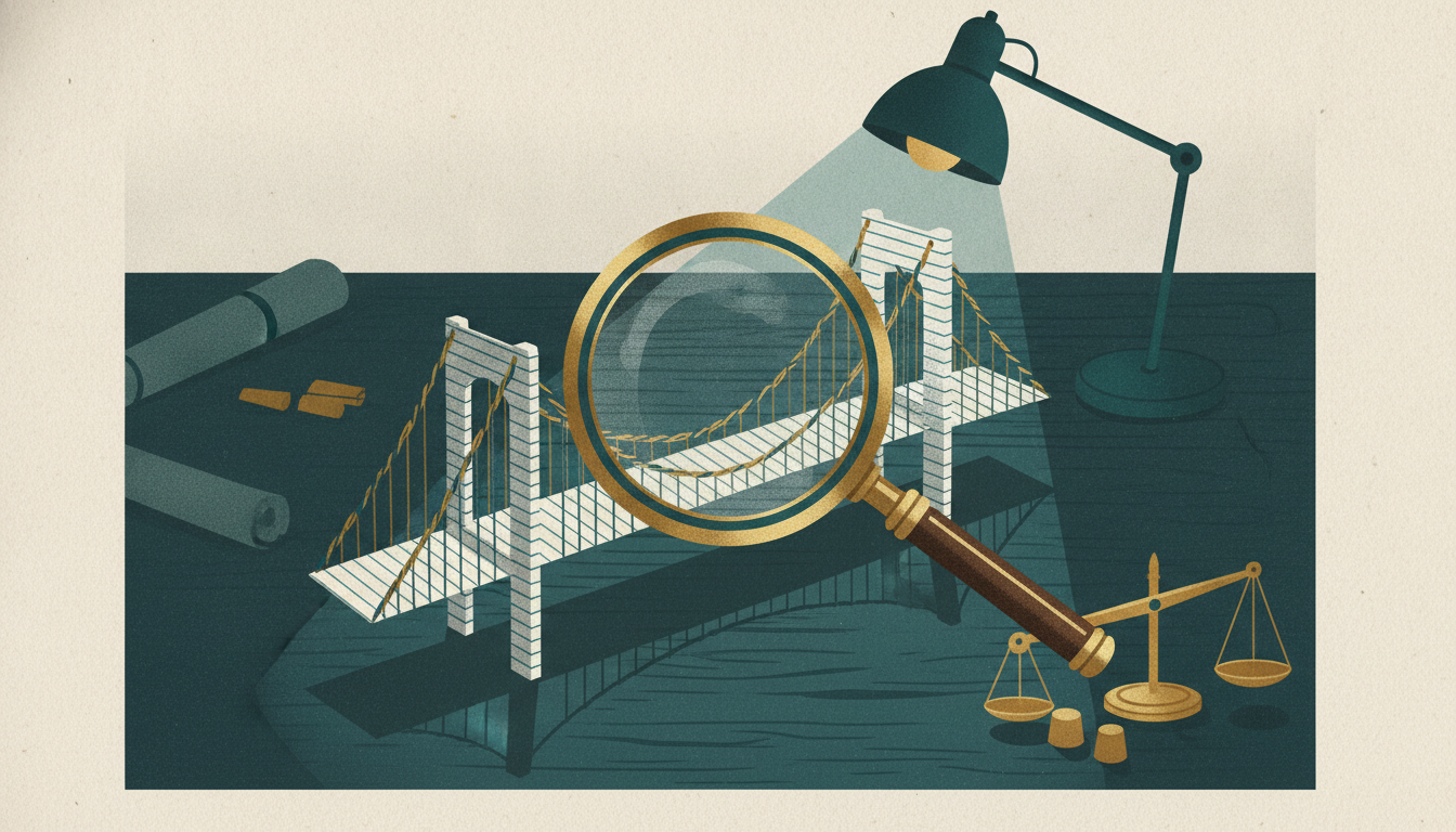 A brass magnifying glass inspects a fragile miniature bridge made of folded paper documents on a dark desk.