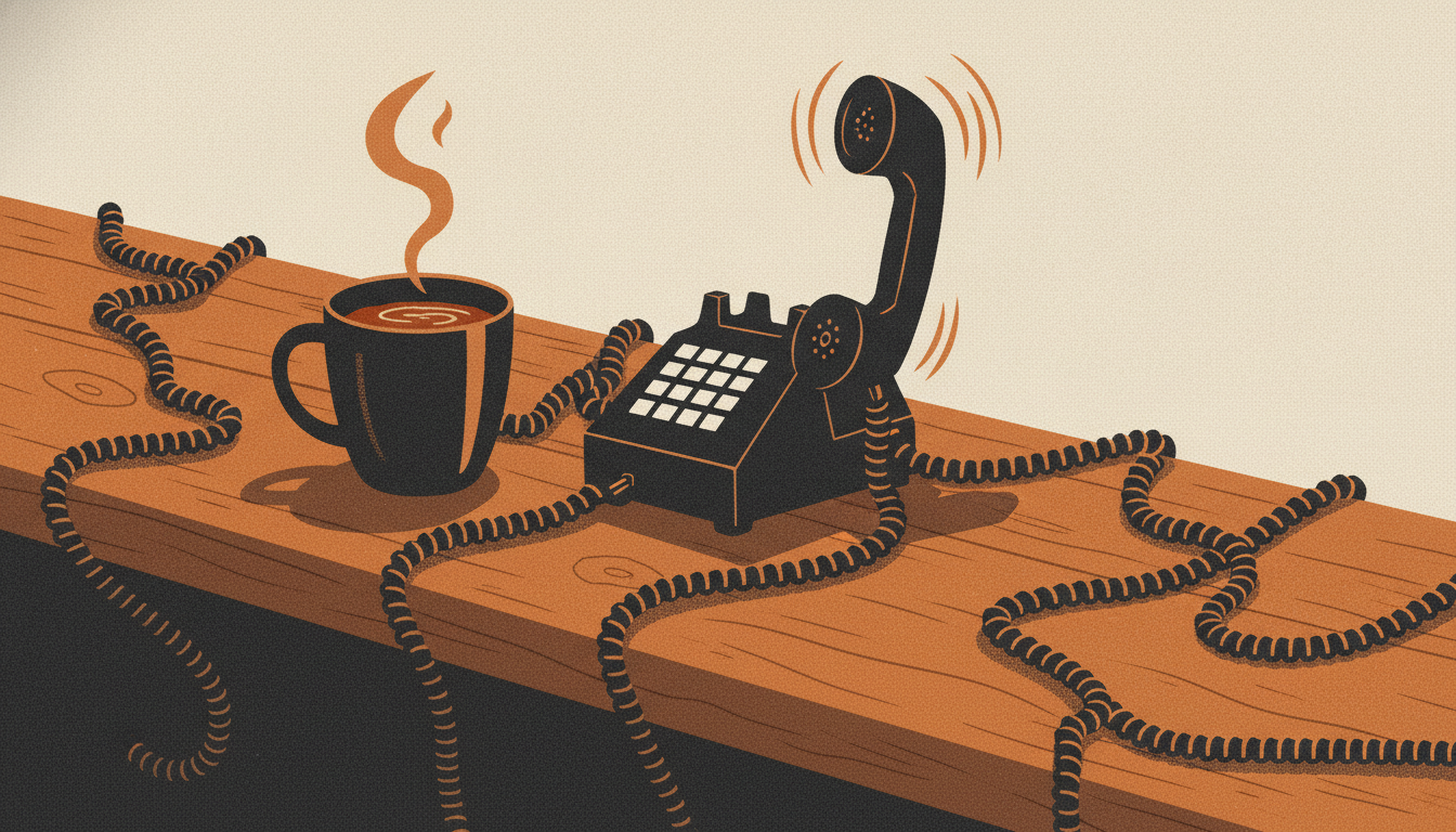 A steaming mug sits beside an off-the-hook desk phone suffocated by a tangled mass of coiled cords.