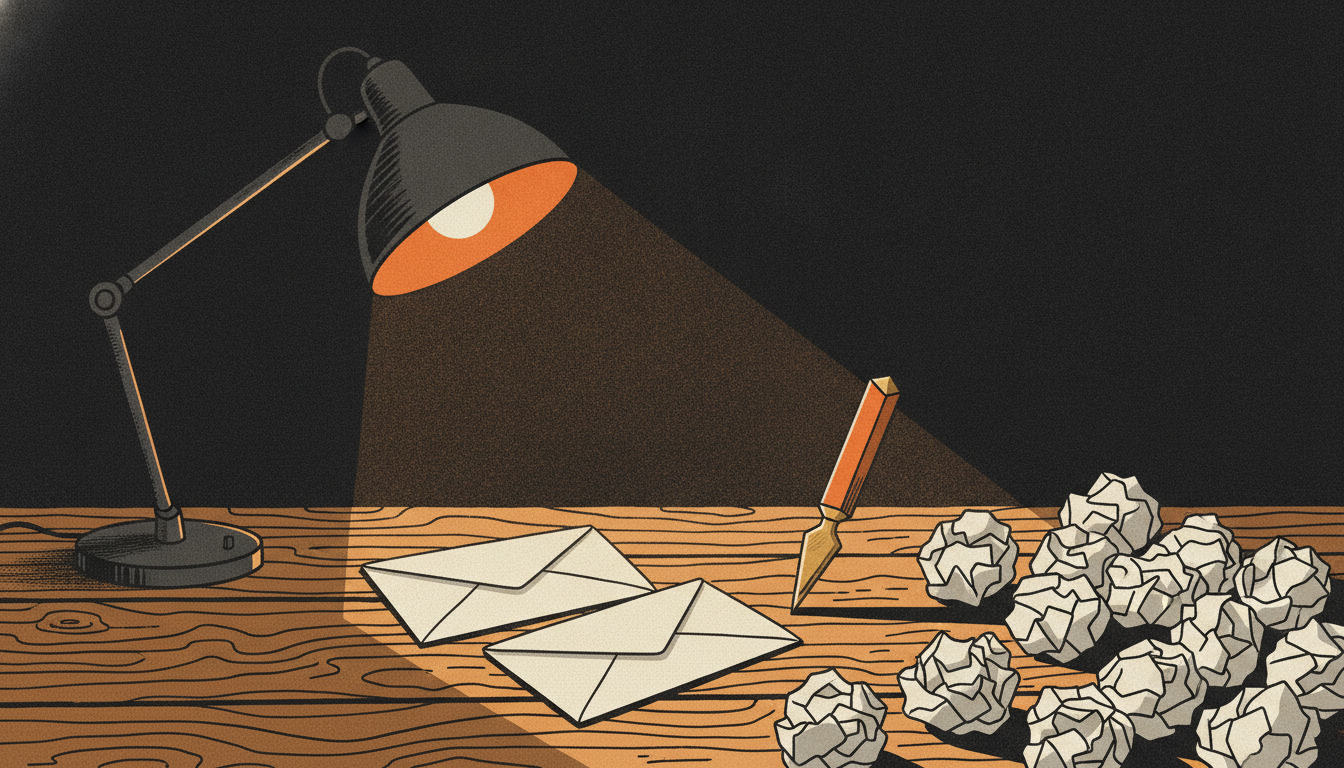 Two plain envelopes rest under a harsh desk lamp next to a metal letter opener stuck into a dark wooden desk.