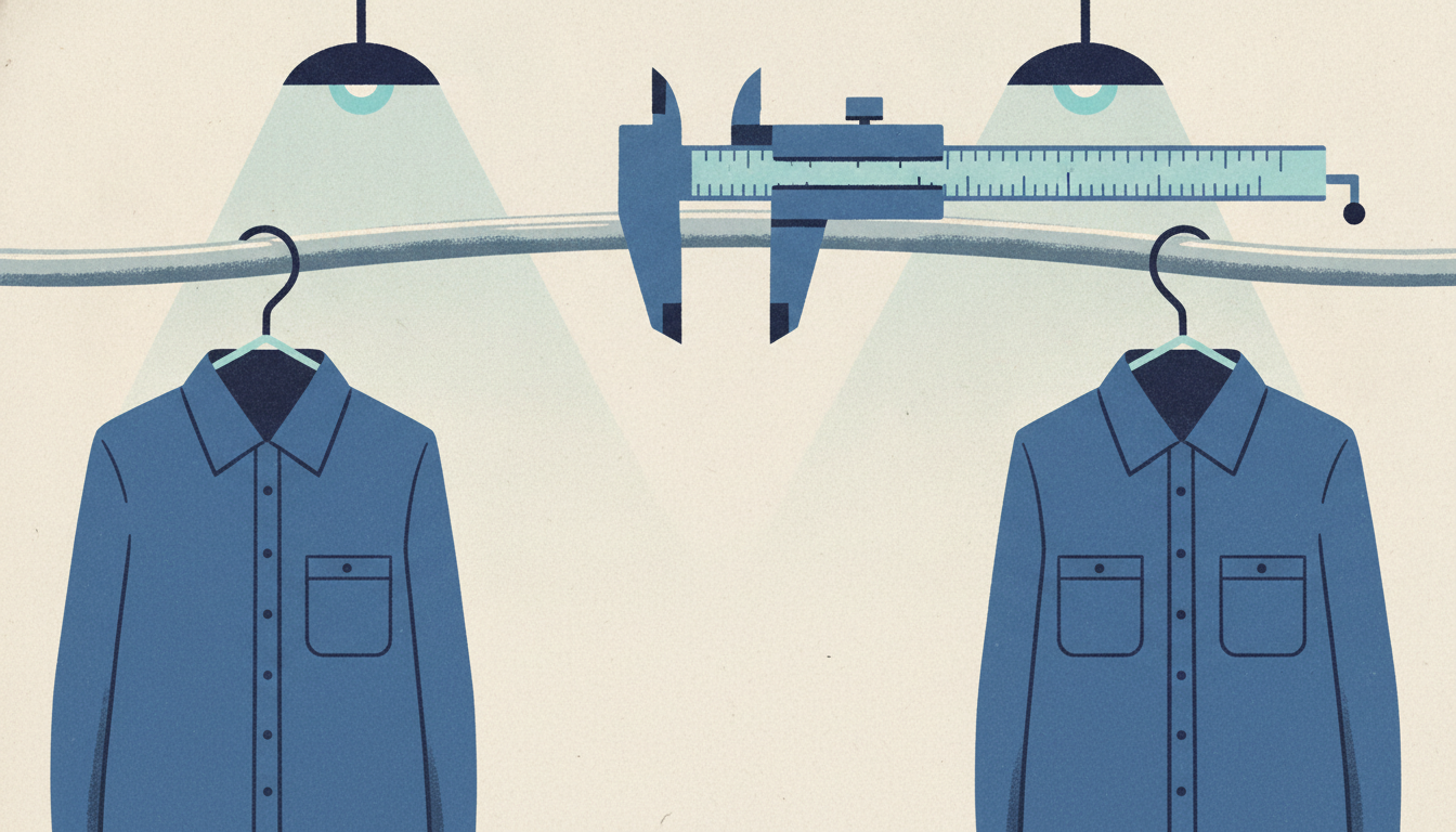 Two industrial work uniforms hang separated on a metal rack while a heavy caliper measures the wide gap between them.