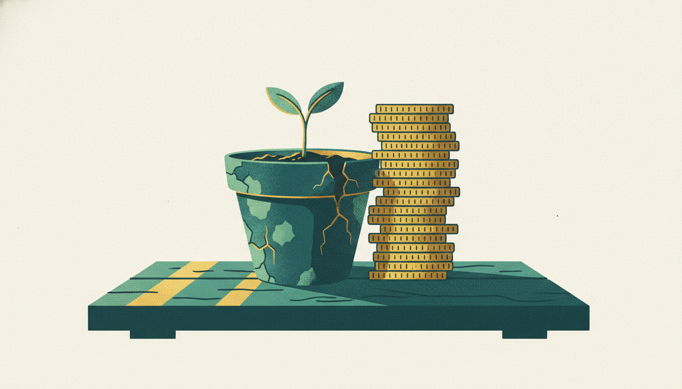 A stack of heavy brass coins braces a cracked terra-cotta pot holding a freshly sprouted green seedling.