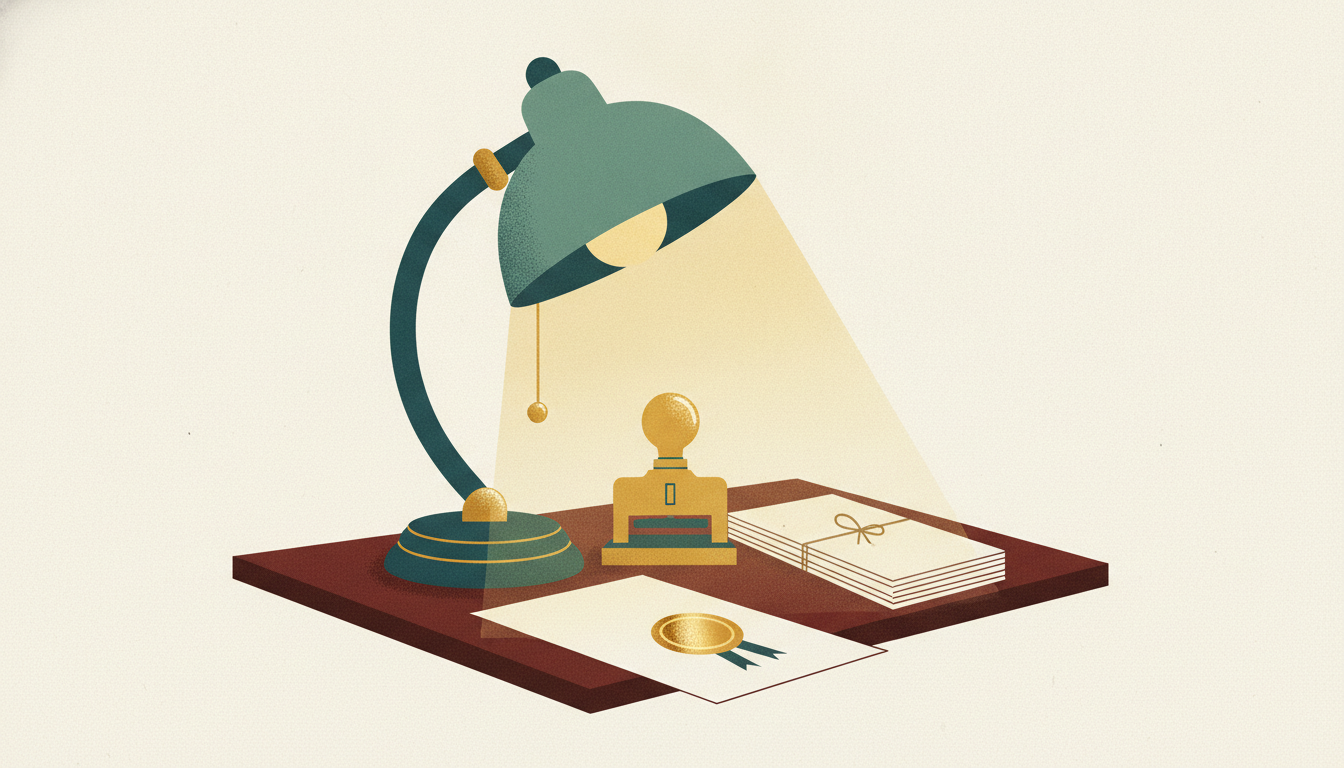 A heavy brass document embosser and a gold-sealed contract rest beneath an antique banker's lamp on a polished desk.