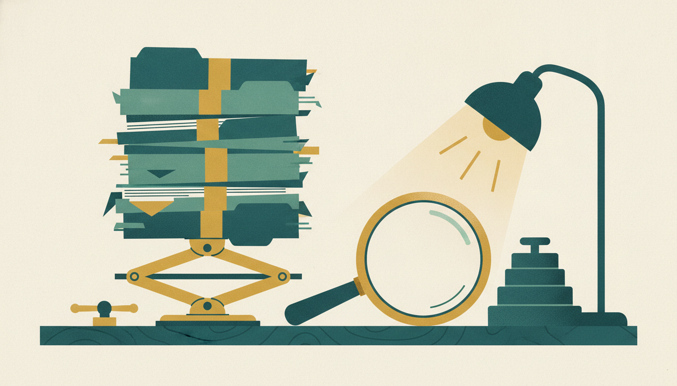 An antique brass scissor jack lifts a tall stack of paper files next to a magnifying glass and iron weights on a dark desk.