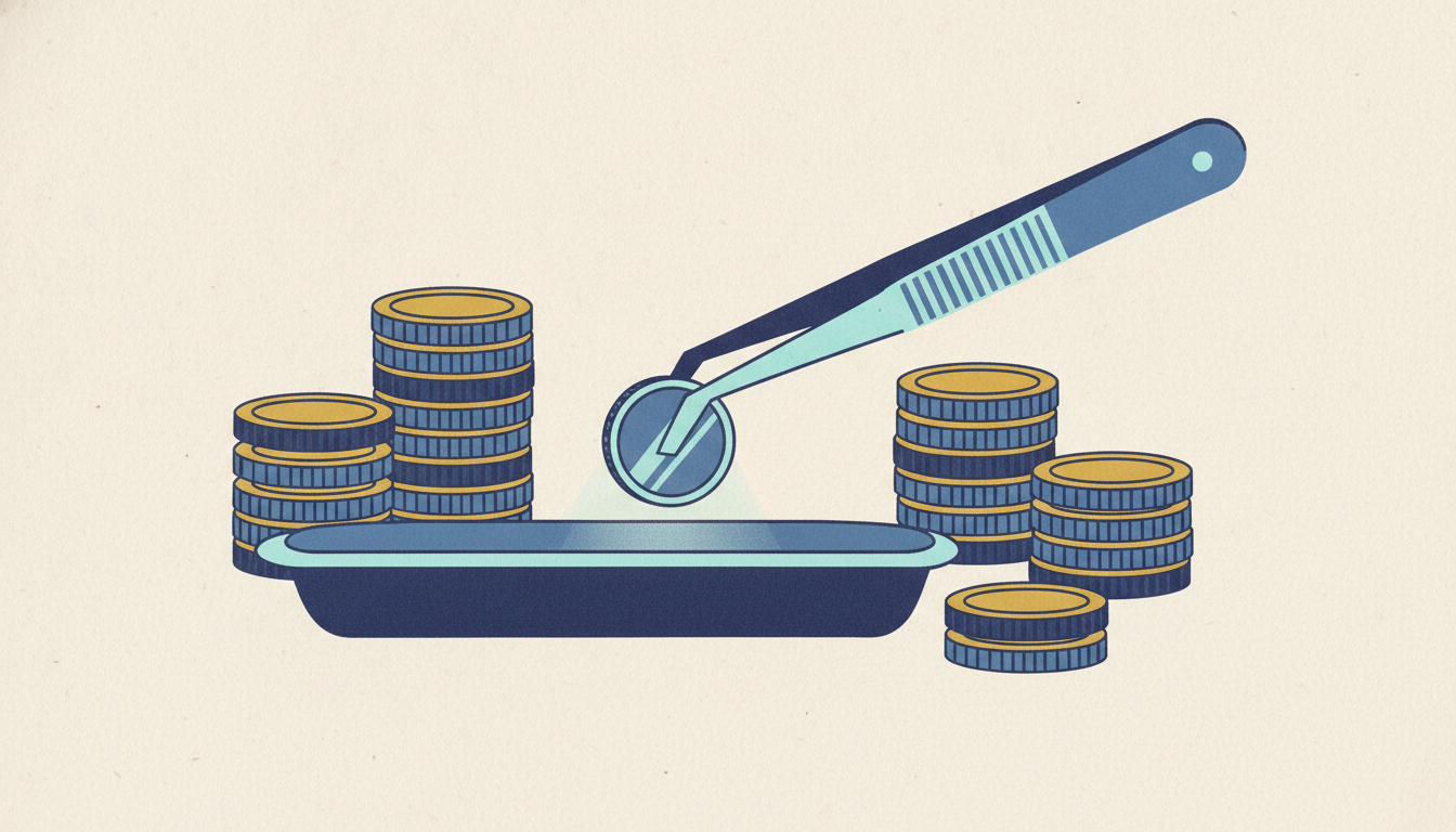 Surgical tweezers lift a single small silver coin from a metal tray beside thick stacks of brass medallions.