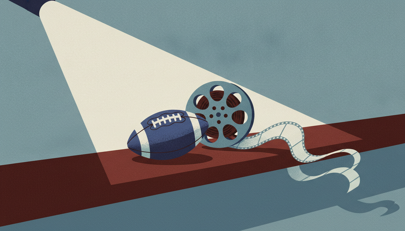 A worn football rests next to a metallic film canister on a dark wooden bar counter under a harsh spotlight.