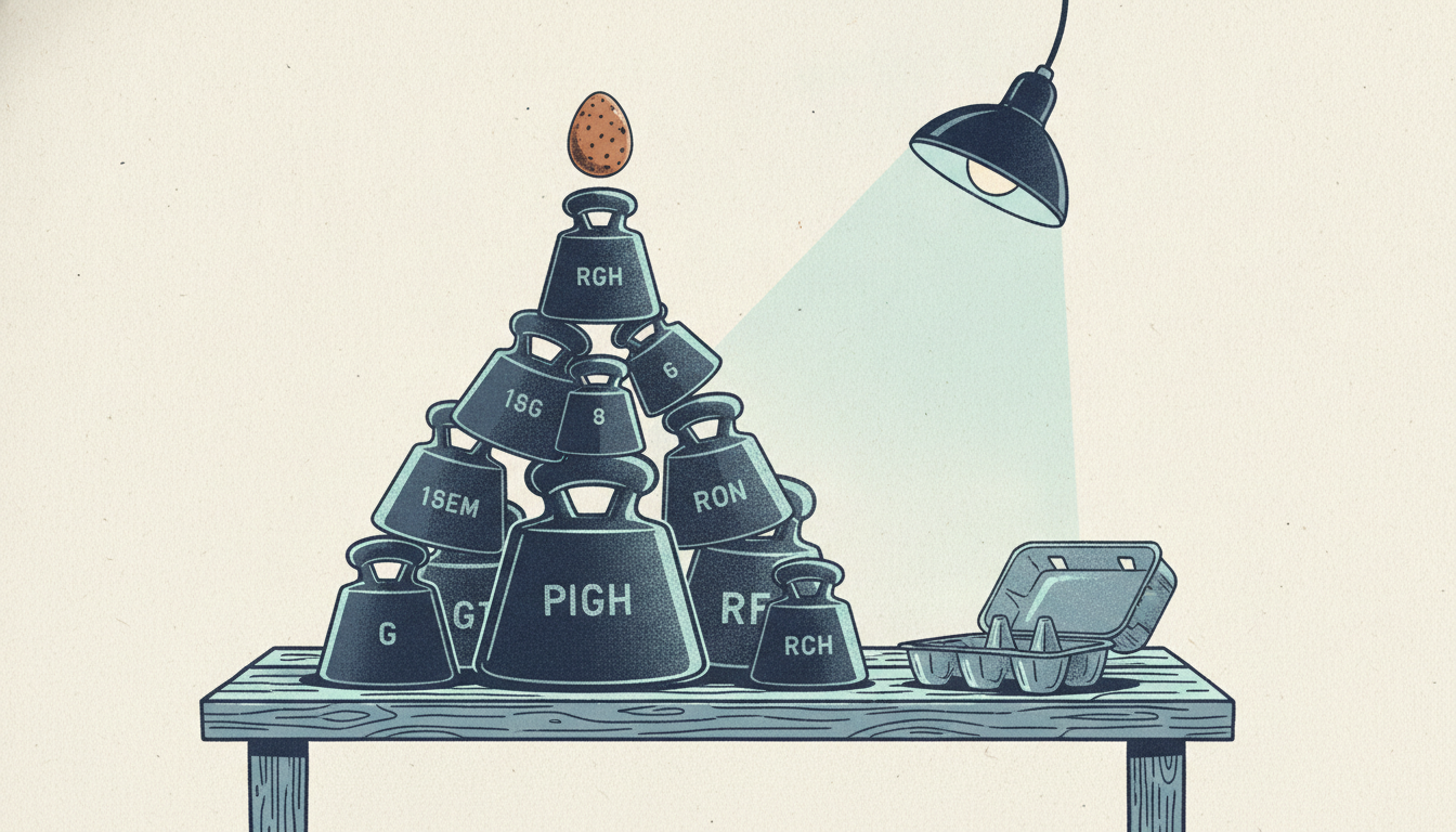 A brown egg balances on top of a tall stack of metal weights on a rustic wooden table beside an empty egg carton.