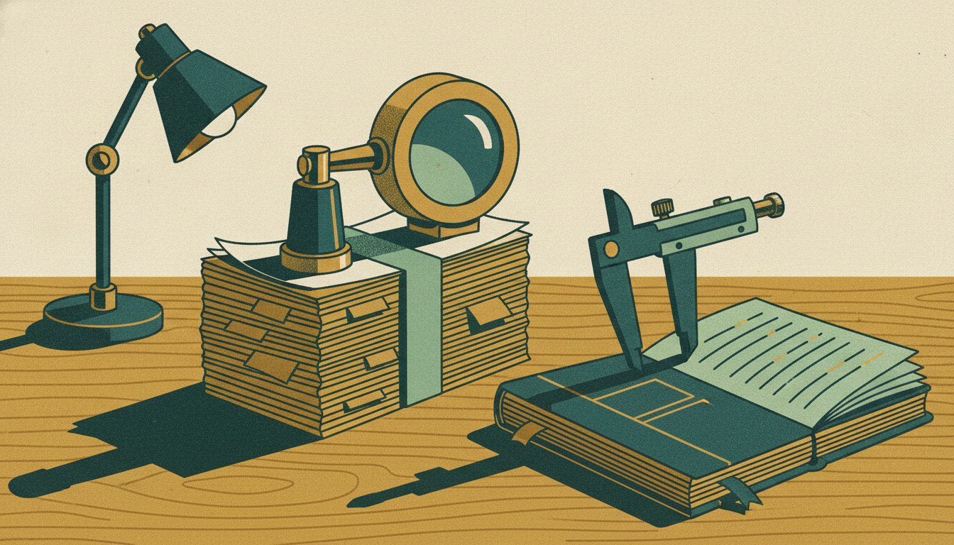A brass loupe and precision calipers sit beside a stack of bound receipts and a notebook on an oak desk.