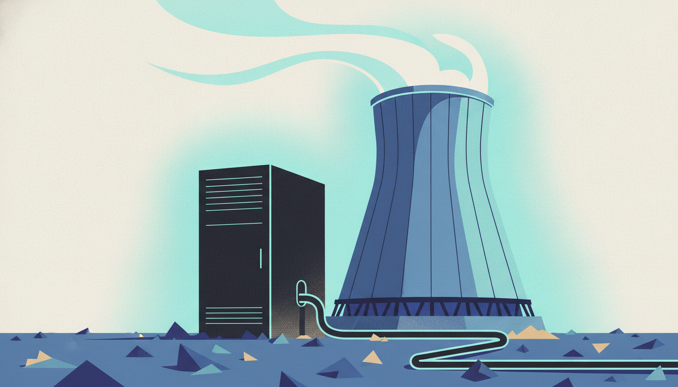 Thick industrial power cables run across gravel from a steaming nuclear cooling tower into a sleek black server rack.