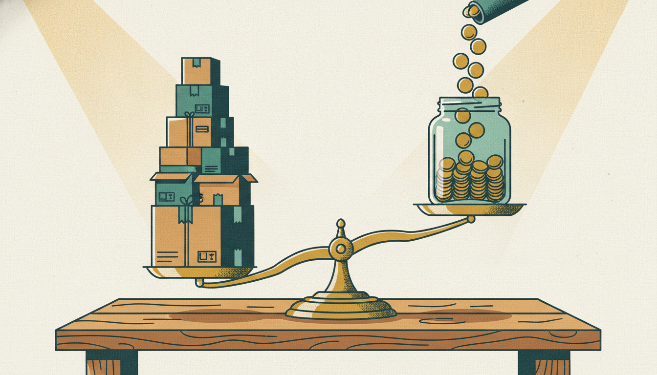 A heavy brass balance scale weighs a stack of cardboard shipping boxes against a glass jar filling with gold coins.